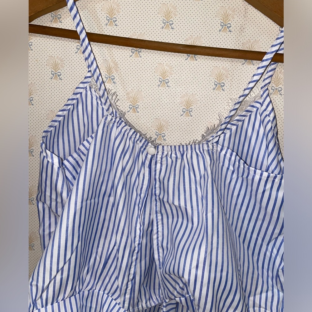 Blue and White Striped Lace Accent Crop Top - Picture 3 of 5
